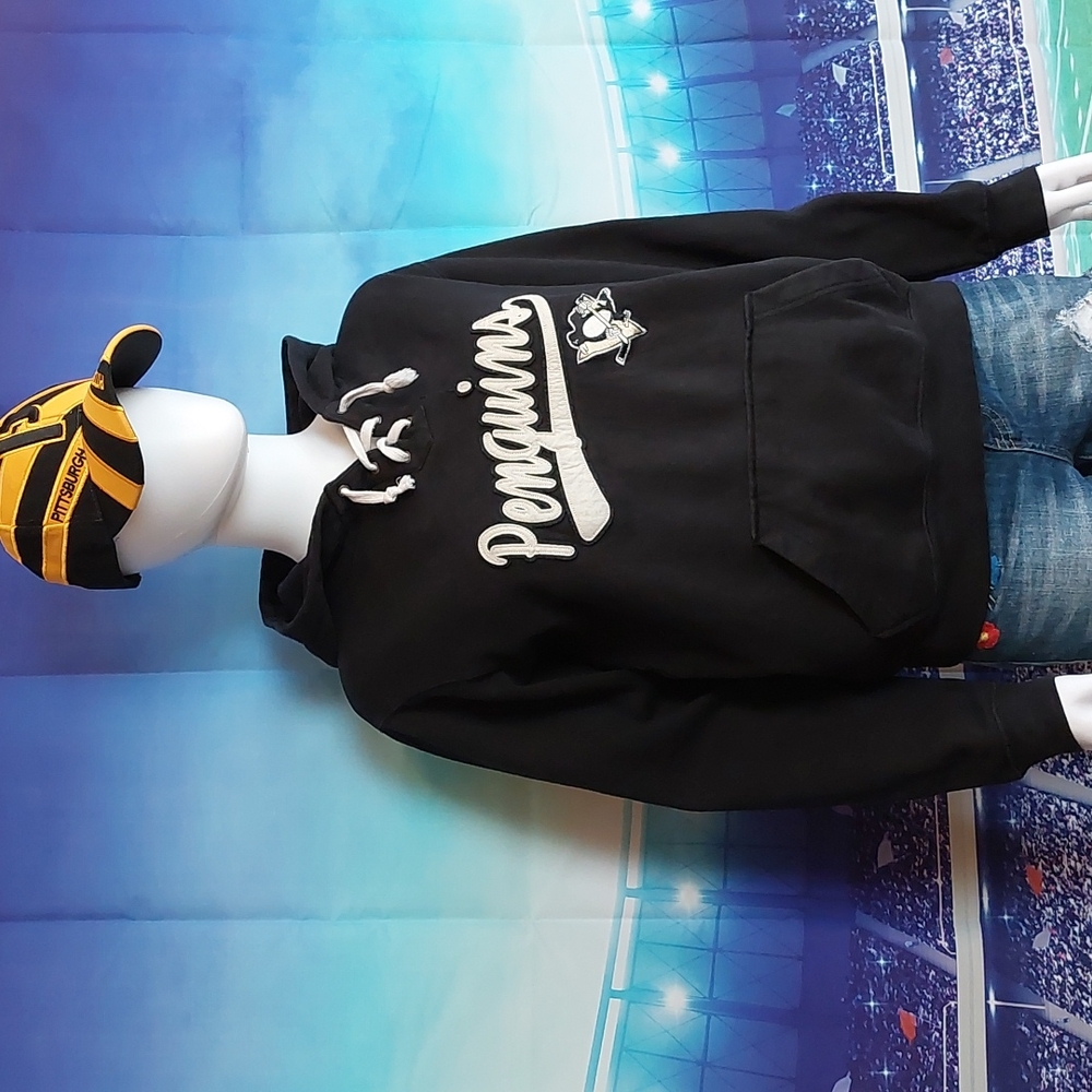 Pittsburgh Penguins Script Sweep Felt NHL Hockey Lace Up Hoodie L Large